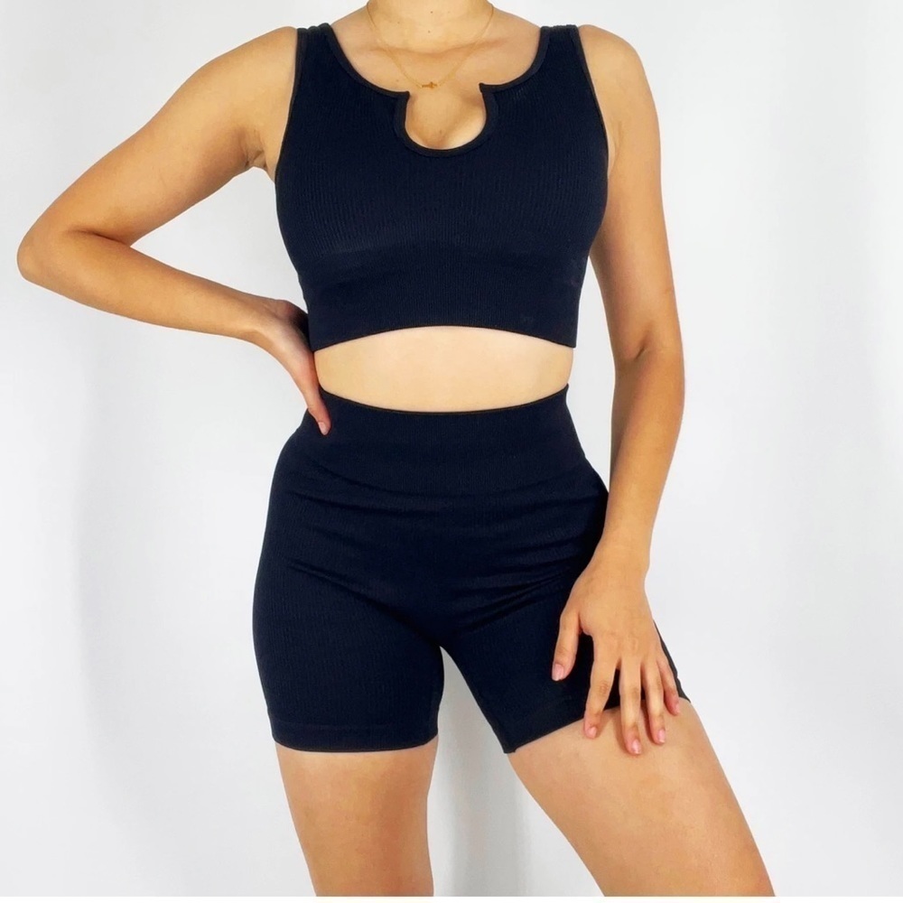 Black ribbed two piece biker short set